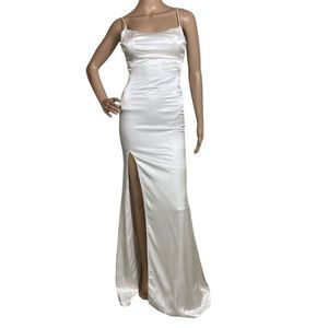 La Femme 2 white maxi dress stretch silky party , homecoming slit